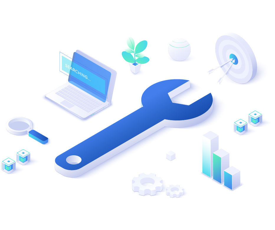 A isometric image of a wrench and a laptop on a white background.